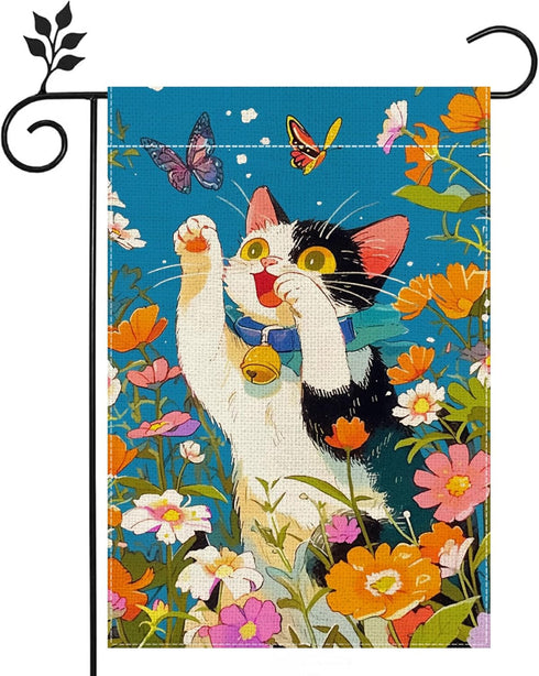 Summer Cat Garden Flag, Flower Butterfly Garden Flag, 12x18 Inch Vertical Double Sided Burlap, Welcome Holiday Yard Lawn Flag, Outdoor Patio House...
