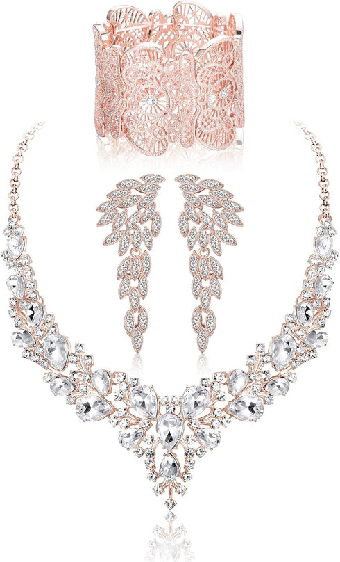 JOERICA Crystal Bridal Wedding Jewelry Set for Women Rhinestone Necklace Bracelet Earrings Set Bridal Jewelry Set for Wedding...