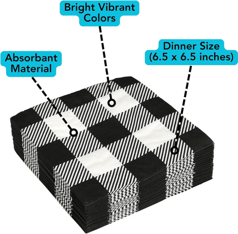 Iconikal 75-Count Black Gingham Disposable Paper Party Napkins, White Buffalo Plaid, Dinner Size...