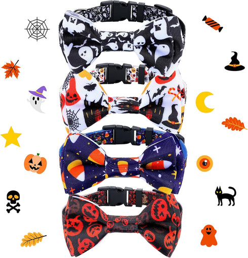 4 Pcs Halloween Dog Collar with Bow Tie Adjustable Basic Dog Collars Soft Comfortable Halloween Dog Cat Collar with Plastic Buckle for Puppy Small...