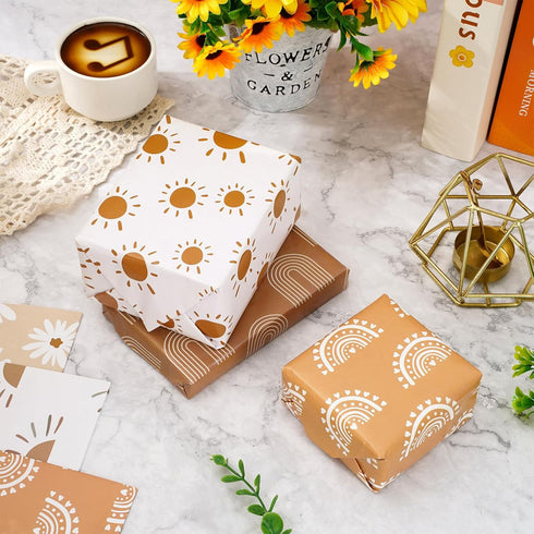 Whaline 12Pcs Modern Boho Wrapping Paper Boho Daisy Flower Rainbow Sun Gift Wrap Bulk Art Paper Folded Flat for Baby Shower Birthday Wedding DIY C...