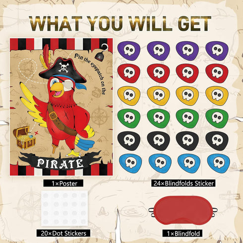 WERNNSAI Pin The Eye Patch on The Pirate - Pirate Party Games for Kids Boys 28'' x 21'' Parrot Game Poster with 24 PCS Reusable Stickers Blindfold...