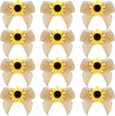 Syhood 12 Pieces Sunflower Burlap Bow 3 Inch Summer Artificial Handmade Wreath Bow Fall Natural Sunflower Decor for Crafts Summer Fall Christmas T...