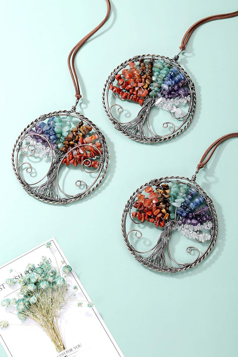 GEHECRST Natural 7 Chakra Healing Crystals Life Tree Hanging Ornament Reiki Gemstone Chips Copper Wires Wrapped Handmade Hanging Decor for Wall, W...