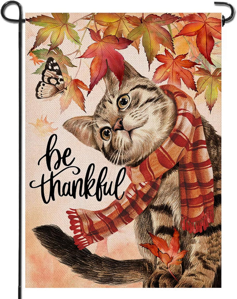 Be Thankful Cat Home Decorative Fall Garden Flag, Autumn Yard Lawn Maple Leaves Outside Decor, Thanksgiving Farmhouse Outdoor Small Burlap Decorat...