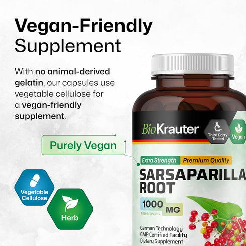 BIO KRAUTER Sarsaparilla Root Capsules - 1000 mg Strength - 250 Vegan Sarsaparilla Extract Caps - No Fillers...