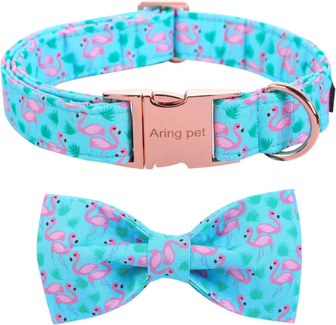 ARING PET Flamingo Dog Collar-Cotton Dog Collar with Bow, Adjustable Summer Bowtie Dog Collars Pet Collars with Metal Buckle...