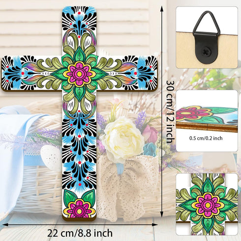 Floral Cross Wall Decor Hand Painted Decorative Inspirational Wooden Cross Mexican Art Wall Decor Mexican Crucifix for Home Room Church Decoration...
