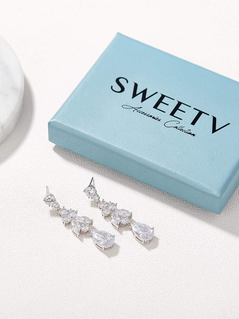 SWEETV Teardrop Wedding Bridal Earrings for Brides, Bridesmaids, Crystal Cubic Zirconia Dangle Drop Earrings for Women Prom Gifts...
