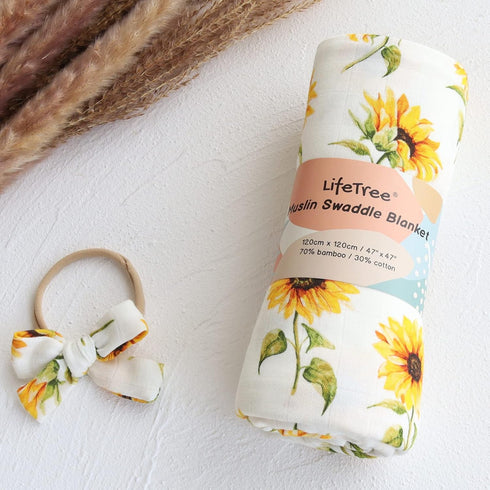 LifeTree Baby Muslin Swaddle Blankets for Boys & Girls, Newborn Swaddle Set with Matching Headband Bow, Neutral Infant Blanket Wrap, 47 x 47 inche...