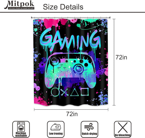 Boys Gamer Shower Curtain Kids Gaming Cool Video Game Teal Neon Controller Bathroom Decor Colorful Graffiti Gamepad Teen Men Unique Cool 72Wx72H B...