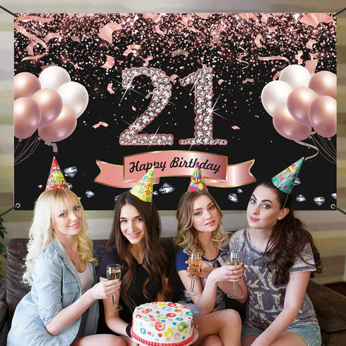 Trgowaul 21st Birthday Decorations for her - Rose Gold Birthday Backdrop 5.9 X 3.6 Fts for Women Happy 21st Banner Photography Background Party Su...