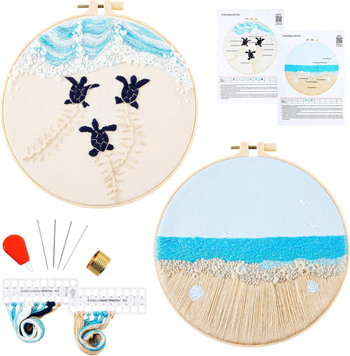 Embroidery Kit for Beginner Adults, Stamped Cross Stitch kits for Adults Beginners, Ocean Hand Embroidery Starter Needlepoint Kit, 2 Set Embroider...