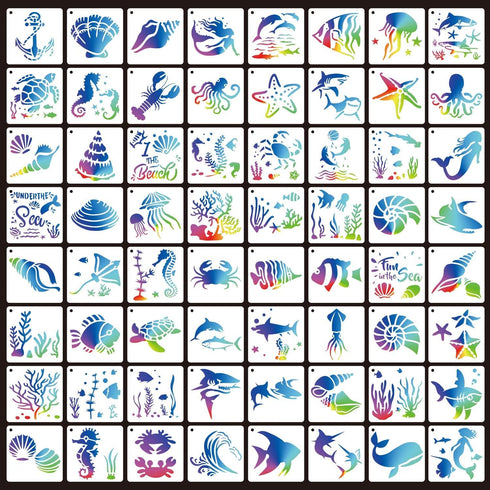 64 Pieces Stencils for Painting, Small Reusable Sea Life Mermaid Stencil, Art Craft Template for Painting on Wood, Wall, Fabric, Rock, Chalkboard,...