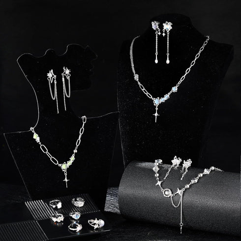 12 Pcs Y2k Necklace Jewelry Set Y2k Star Moonstone Accessories Irregular Pendant Earrings Dangling Silver Y2k Rings Aesthetic Crystal Jewelry Gift...