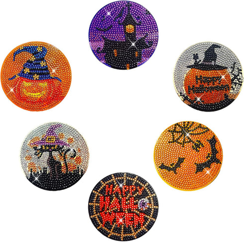 LINGFANG 6 Pcs Diamond Painting Coasters Kits, Helloween DIY Diamond Art with Holder & Cork Pad Non Slip Coaster for Beginners, Diamond Painting C...