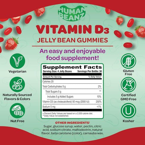 Vitamin D3 Jelly Bean Gummies for Adults, Immunity Support, 2000 IU Vitamin D, Nutritional Vegetarian Supplements, 120 Strawberry Blast Jelly Bean...