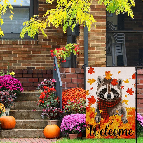 Welcome Fall Maple Leaves Garden Flag 12.5x18 Inch Double Sided, Seasonal Raccoon Autumn Rustic Yard Outdoor Decoration...