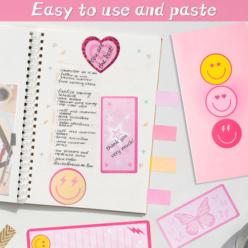 L1rabe Preppy Sticky Note Set - 550 Sheets Y2K Smile Face Self-Stick Notes Pads Back to School Pink Sticky Notes Divider Tabs Bundle Writing Memo ...