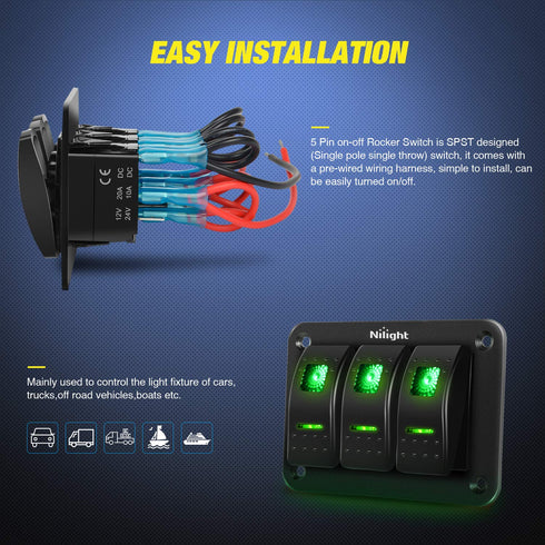 Nilight 3 Gang Aluminum Rocker Switch Panel Toggle Dash 5 Pin ON/Off Pre-Wired GreenBacklit for Automotive Cars Marine Boats RVs, Green (90127C)...