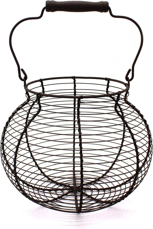 CVHOMEDECO. Antique Wire Egg Basket with Wood Handle Primitives Vintage Gathering Basket. Rusty...