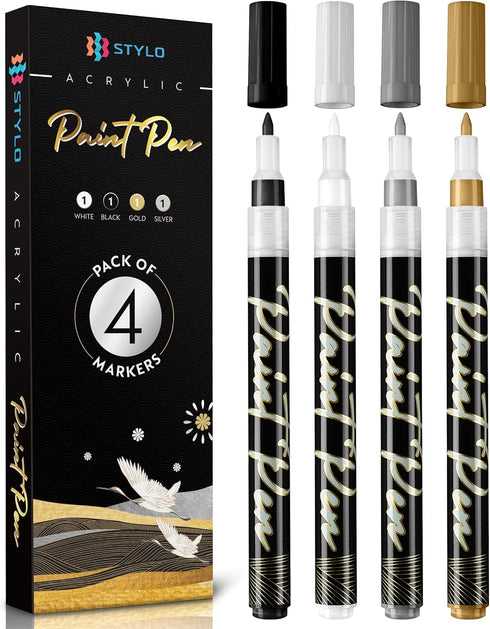 Stylo 4 Count Acrylic Metallic Pens - Black, Gold, Silver And White Paint Pens - Fine Tip Permanent Acrylic Metallic Paint Markers for Rock Painti...