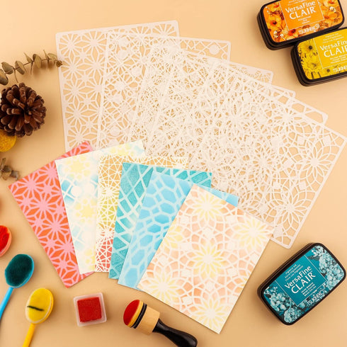 49Pcs/Set (6 x 6 Inch) Bubbles Dots Floral Flourish Plastic Stencils and Low Stick Mat Blending Buddy tool Set for DIY Card Painting On Wood, Wall...