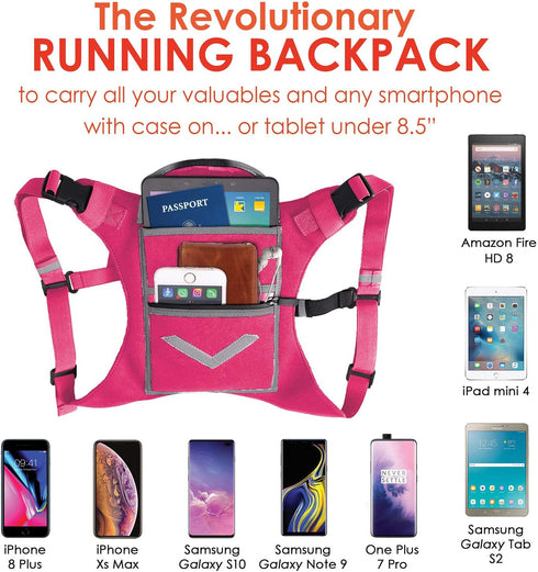 Pink Running Mini Backpack Vest for Men & Women - Reflective w/360°Hi-Viz, Holds Accessories, any iPhone, Android, iPad mini - Lightweight Adjusta...