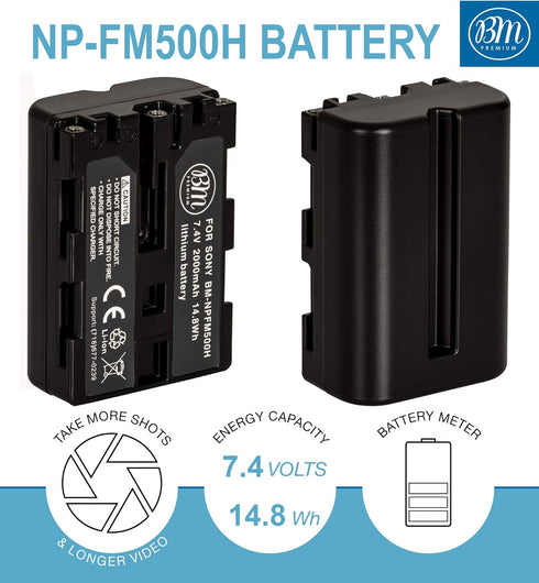 BM Premium NP-FM500H Battery and Charger for Sony Alpha a68, a77II, SLT-A57, SLT-A58, SLT-A65V, SLT-A77V, SLT-A99V, SLT-A200, A300, A350, A450, A5...