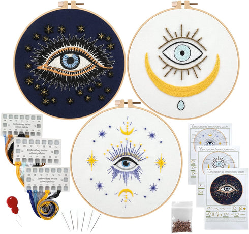 Anidaroel 3 Sets Evil Eye Embroidery Starters Kit for Beginners, Stamped Cross Stitch Kits for Beginners Adults Include Embroidery Cloth, Embroide...