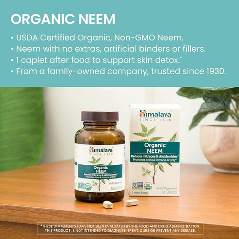 Himalaya Organic Neem Herbal Supplement, for Mild Acne & Clear Skin, Purifying, Ayurvedic, USDA Certified Organic, Non-GMO, Vegan, 600 mg, 60 Plan...