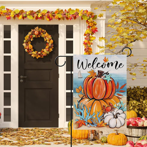 Welcome Fall Pumpkin Small Decorative Garden Flag, Autumn Beach Coastal Coral Leaves Yard Lawn Outside Decor, Thanksgiving Nautical Crab Starfish ...
