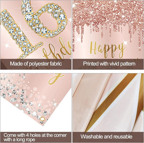 16th Birthday Door Banner Decorations for Girls, Pink Rose Gold Sweet 16 Birthday Door Cover Backdrop Party Supplies, Large Happy Sixteen Year Old...