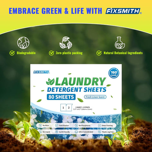 FIXSMITH Laundry Detergent Sheets - 160 Loads (80 Sheets) Fresh Linen Scent - Hypoallergenic,Eco Friendly Laundry Detergent Strips Ultra-Concentra...