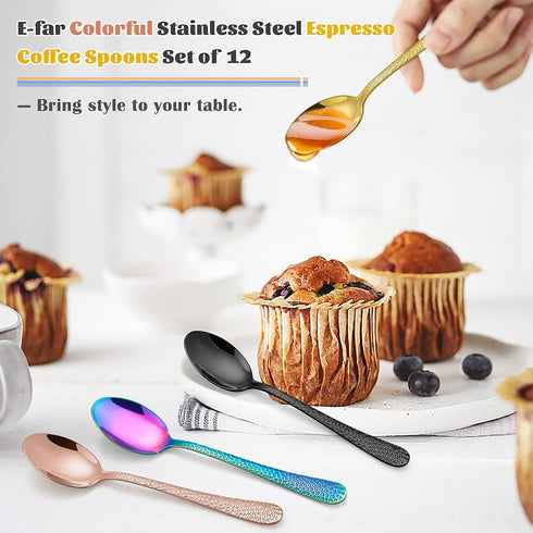 E-far 12-Piece Copper Coffee Spoons, 6-Inch Stainless Steel Espresso Spoons, Small Metal Spoons for Coffer/Sugar/Tea, Hammered Design & Rust Free,...