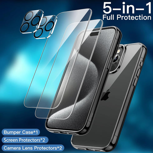 JETech 5 in 1 Case for iPhone 15 Pro Max 6.7-Inch with 2-Pack Each Tempered Glass Screen Protector and Camera Lens Protector, Non-Yellowing Shockp...