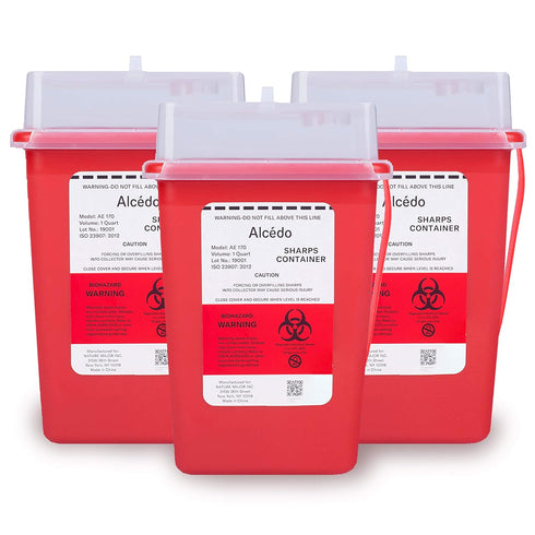 Sharps Container for Home Use and Professional 1 Quart (3-Pack) by Alcedo | Biohazard Needle and Syringe Disposal | Small Portable Container for T...