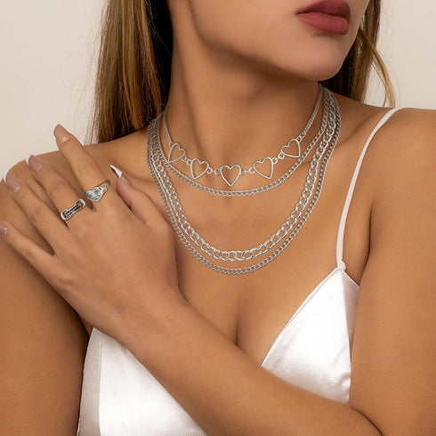 Sanfenly Punk Chain Rings+ Layered Chain Necklace Set for Women Men, Cool Goth Punk Vintage Stackable Open Finger Rings Statement Pendant Choker N...