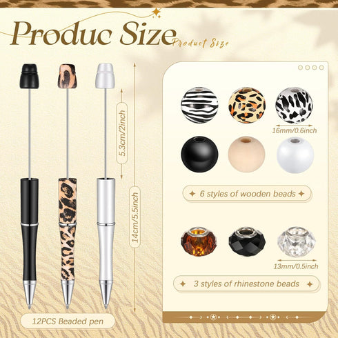 12 Set Plastic Beadable Pens Assorted Wood Crystal Spacer Round Beads Black Ink Ballpoint Pen DIY Pen Set for Women Kids Gifts School Office Suppl...