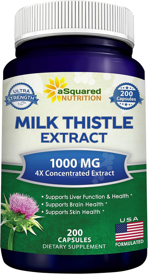 aSquared Nutrition Milk Thistle Supplement 1000mg-200 Capsules,Max Strength 4X Concentrated Extract 4:1 Milk Thistle Seed Powder Herb Pills, 1000 ...