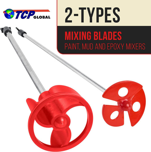 TCP Global 2 Types of Paint, Epoxy Resin, Mud Power Mixer Blade Drill Tools for Mixing Quarts to 2.5 Gallon Buckets - 14" Long, 1/4" Round and 5/1...