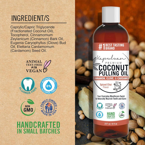 Coconut Pulling Oil for Teeth and Gums Mouthwash, 100% Pure and Natural, Non-GMO, Ayuverdic – Refreshing Spicy Chai Essential Oils...