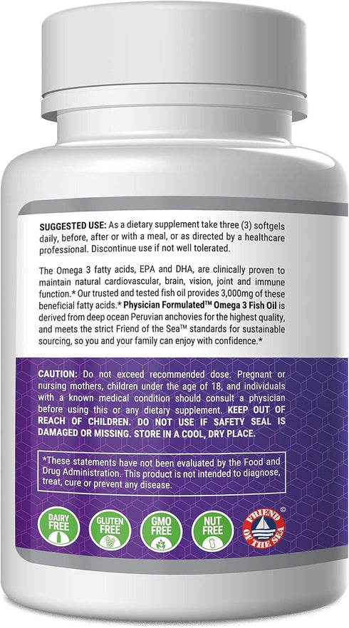 Fish Oil Omega 3 3000mg per Serving - 915mg Epa, 630mg Dha, 2000mg Total Omega 3 6 9 XL - 180 Capsules...