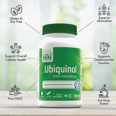 Health Thru Nutrition Ubiquinol 50mg 90 Softgels as Kaneka QH Reduced CoQ-10 | Stabilized - 3rd Party Tested | Enhanced Bioavailability | Cardiova...