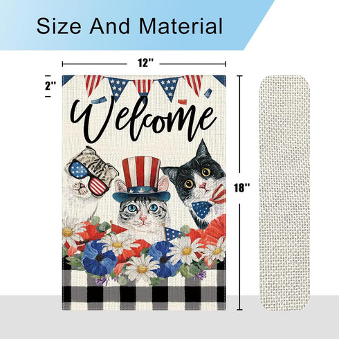 4th of July Patrioctic Cat Garden Flag 12x18 Inch Vertical Double Sided Welcome Floral Cat Memorial Day Independence Day Outside Yard Party Decora...