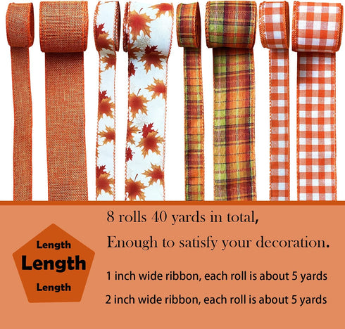 8 Rolls 40 Yards Fall Plaid Ribbon Wired Edge Ribbon Fall Leaves Ribbon Wrapping Craft Ribbon for Thanksgiving Farmhouse Wreath Bows Crafting Supp...