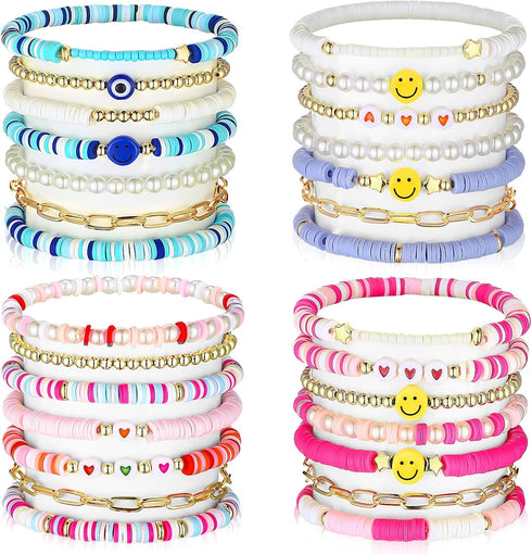 Yaomiao 28 Pcs 4 Set Heishi Surfer Bracelets Set for Women Colorful Preppy Beaded Stretch Bracelet Friendship Bracelets Clay Stackable Boho Disc P...