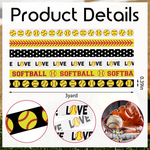 6 PCS Sports Softball Ribbons for Crafting, 3/8" Width Grosgrain Ribbon Sports Roll Ball Ribbon Softball Baseball Craft Ribbons for Sports Party D...