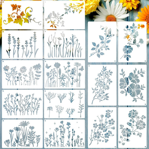 16 Pieces Wild Flower Stencils Spring Wildflower Painting Stencils Reusable Flower Template DIY Small Flower Painting Stencils for Painting on Woo...