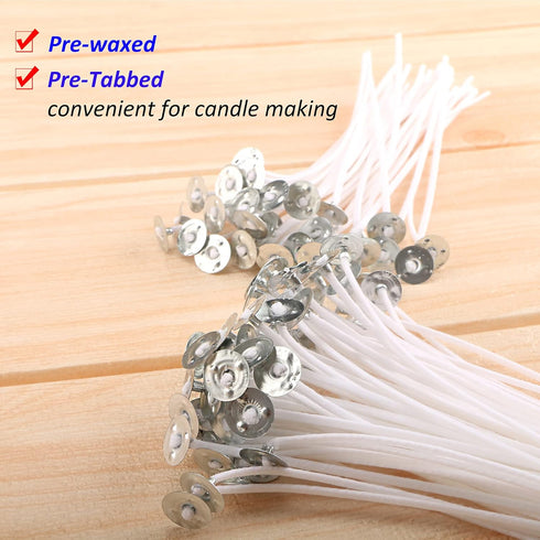 MILIVIXAY 6" Candle Wick Bundle: 100PCS Candle Wicks, 100PCS Candle Wick Stickers and 6PCS Wooden Candle Wick Holders - Wicks Coated with Paraffin...